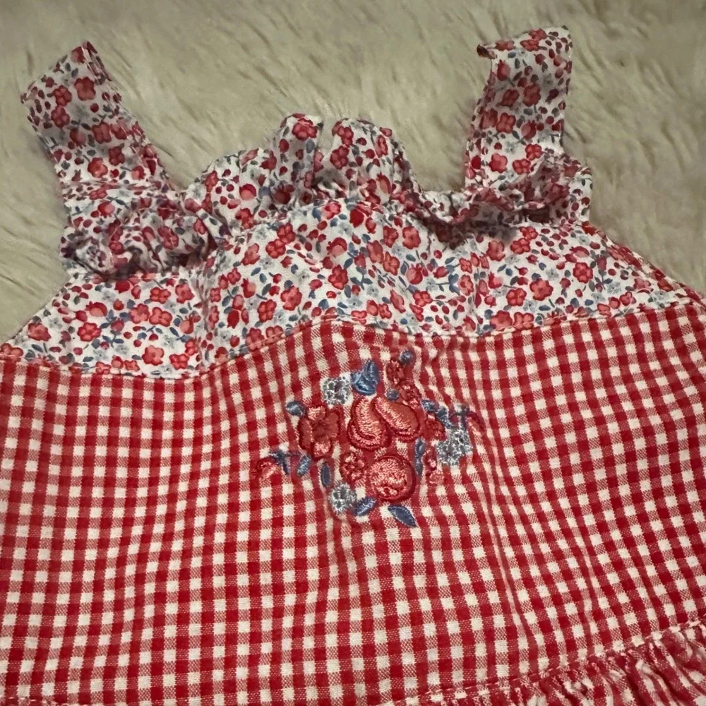 Vintage Gymboree Red Gingham Floral Ruffle Dress 12-18 Mos 2000 Collection Y2K